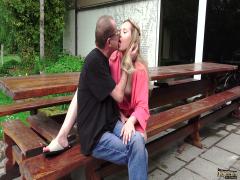 Cherry bright fucked by an old man outdoors